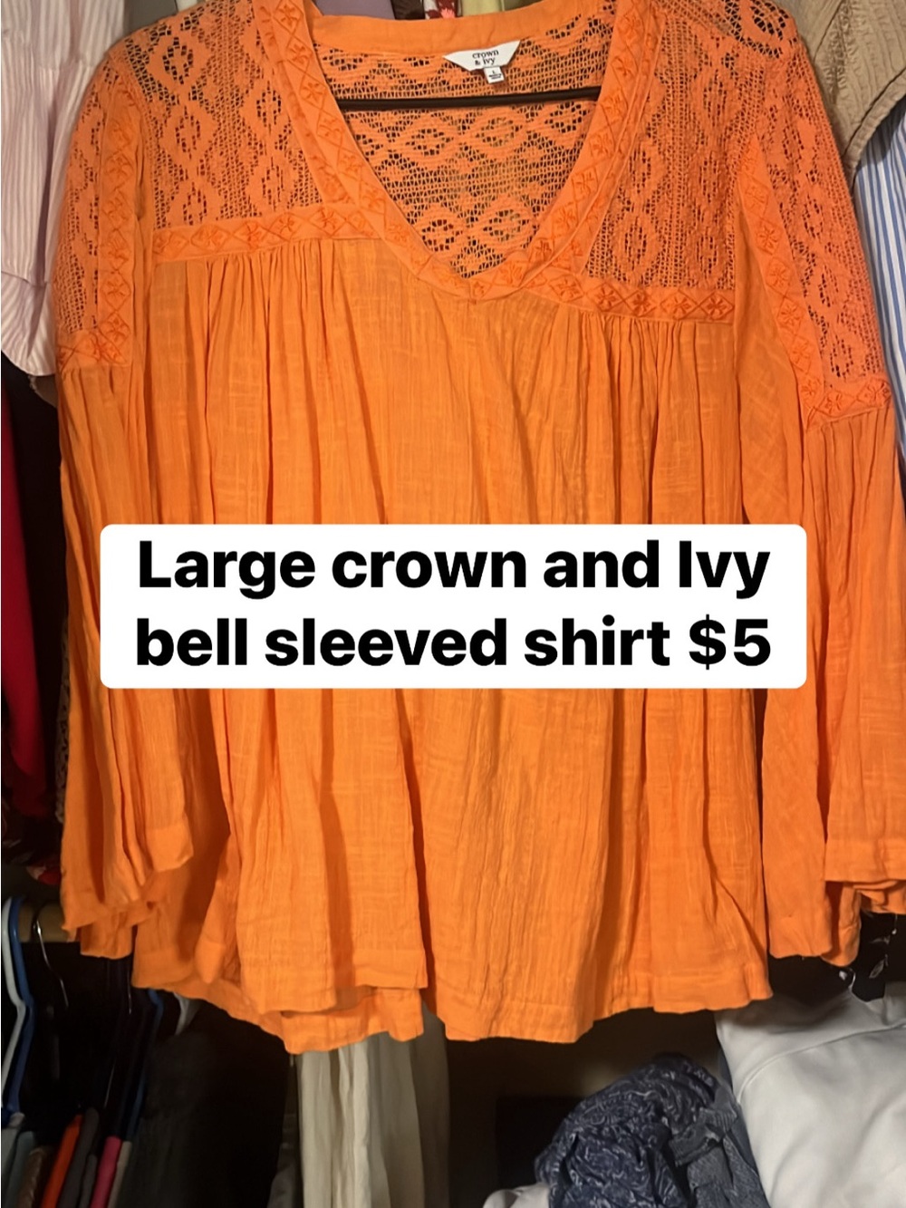 crown & ivy Orange Lace-Yoke Bell Sleeve Tunic